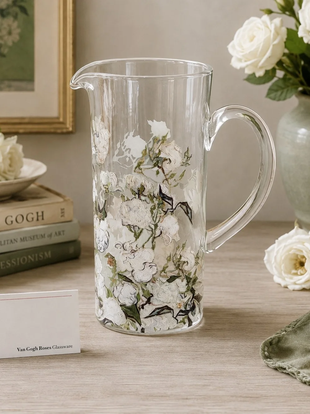The Met Van Gogh Roses Glass Pitcher Carafe Floral Glassware Museum Art Jug